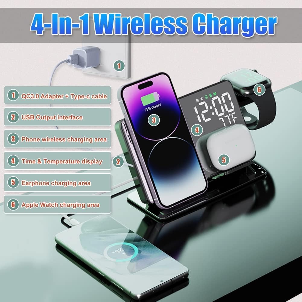 2 1 Wireless Charging Time Display Alarm Clock 15w Thermometer