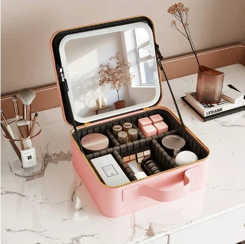 Light Box Vanity Organizer Portable Makeup Bag Mirror LED Light