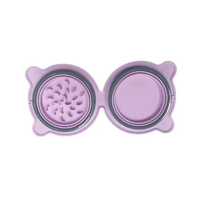 Collapsible Silicone Double Dog Bowl,Travel Dog Bowl,Collapsible Slow Feeder Bowl,Spill and Anti-Flip Mat