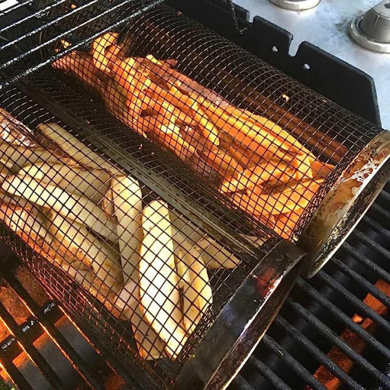 Rolling Grilling Basket Metal Bbq Barbecue Basket Net Portable Outdoor