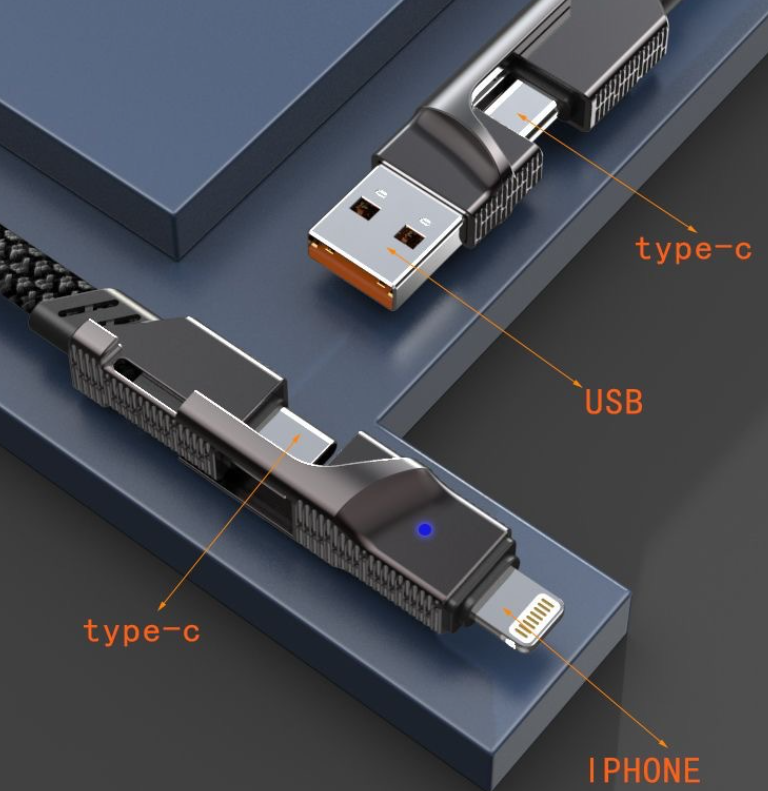 Four in one zinc alloy data cable two to two braided fast charging cable double ended type-c PD charging cable