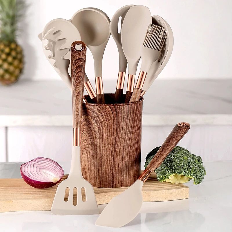 10 Pieces Kitchen Tools Wooden Handle Cooking Kitchen Utensil Silicone