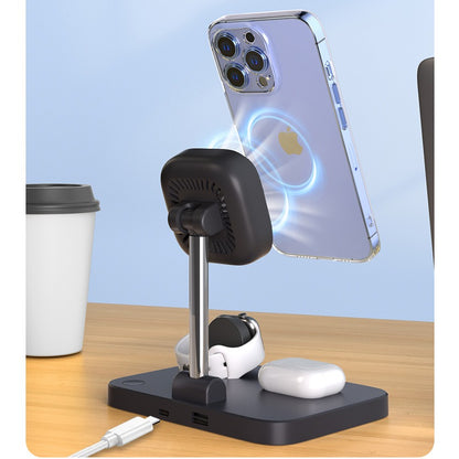 Three in one magnetic wireless charger stand with cooling fan suitable for wireless charging of iPhone earphones and watches