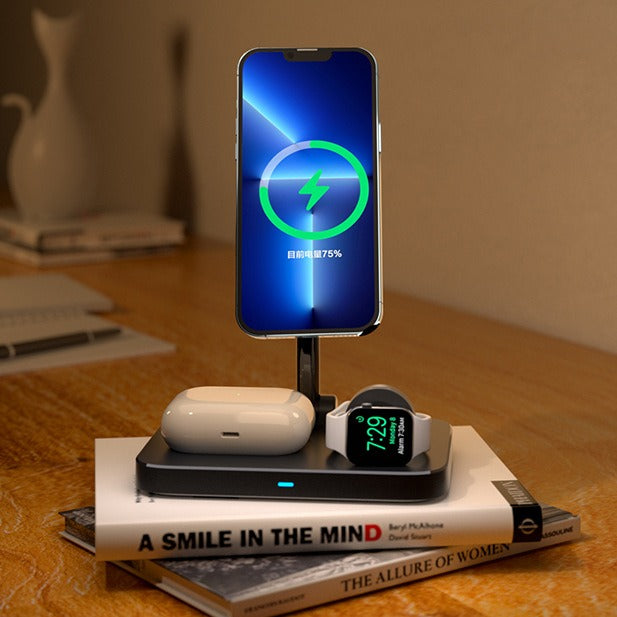Three in one magnetic wireless charger stand with cooling fan suitable for wireless charging of iPhone earphones and watches