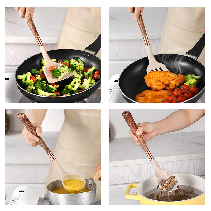 10 Pieces Kitchen Tools Wooden Handle Cooking Kitchen Utensil Silicone