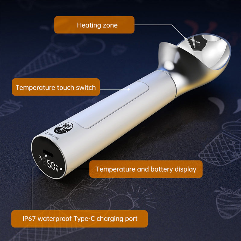 Rechargeable Heated Scoop: Adjustable Temp, Rapid Heat for Ice Cream & More