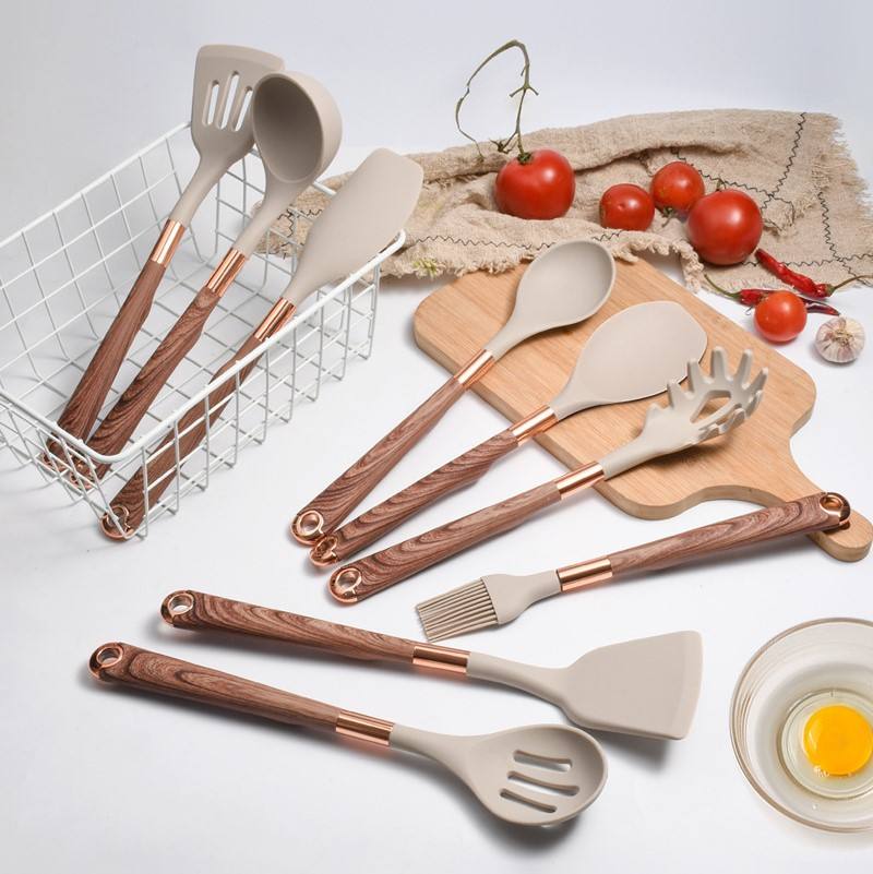 10 Pieces Kitchen Tools Wooden Handle Cooking Kitchen Utensil Silicone
