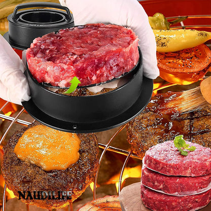 3-in-1 Manual Kitchen Gadget: Hamburger Patty, Round Beef Burger & Meatball Press.