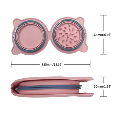 Collapsible Silicone Double Dog  Bowl,Travel Dog Bowl,Collapsible Slow Feeder Bowl,Spill and Anti-Flip Mat