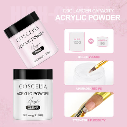 COSCELIA New 120g White Powder Transparent Crystal Powder 150ML Crystal Liquid Nail Shop Nail Tool Set