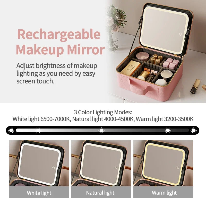 Light Box Vanity Organizer Portable Makeup Bag Mirror LED Light
