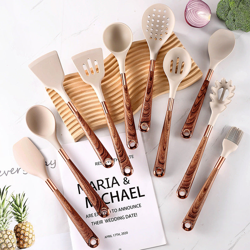 10 Pieces Kitchen Tools Wooden Handle Cooking Kitchen Utensil Silicone