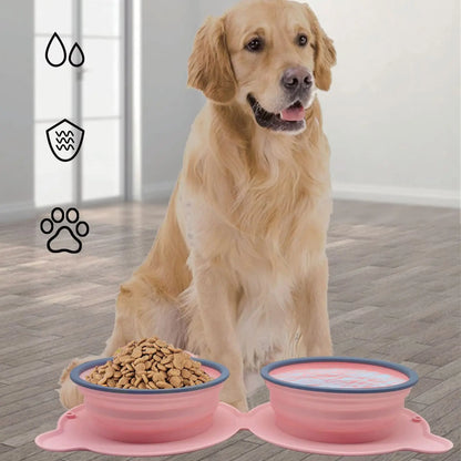 Collapsible Silicone Double Dog  Bowl,Travel Dog Bowl,Collapsible Slow Feeder Bowl,Spill and Anti-Flip Mat