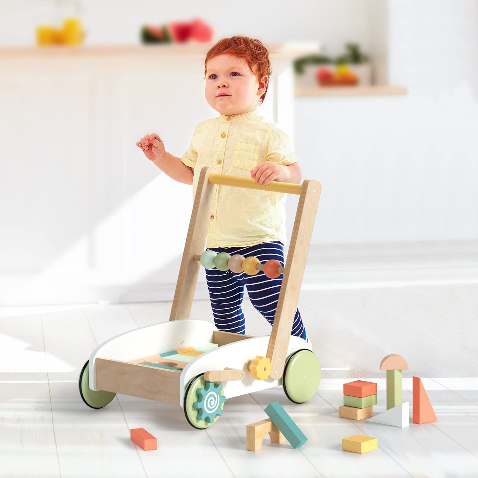 ROBOTIME Wooden Baby Walker – Adjustable Push & Pull Learning Toy for Toddlers