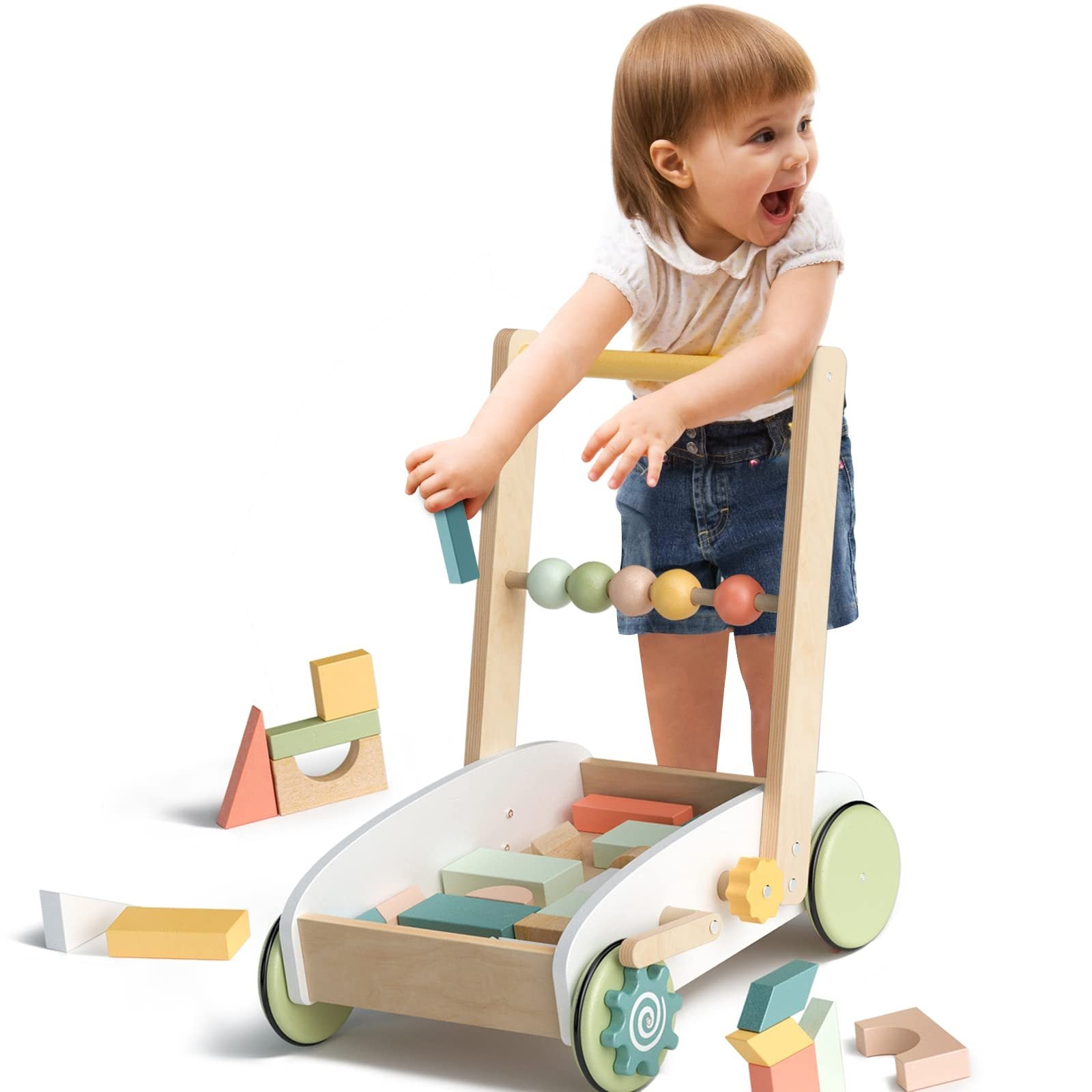 ROBOTIME Wooden Baby Walker – Adjustable Push & Pull Learning Toy for Toddlers