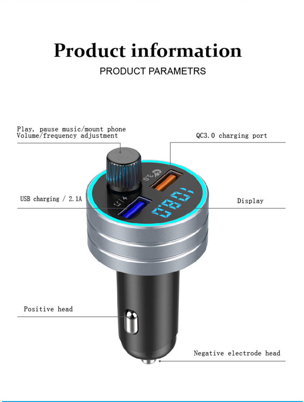 QC 3.0 Dual USB Fast Car Charger with Bluetooth MP3 Player